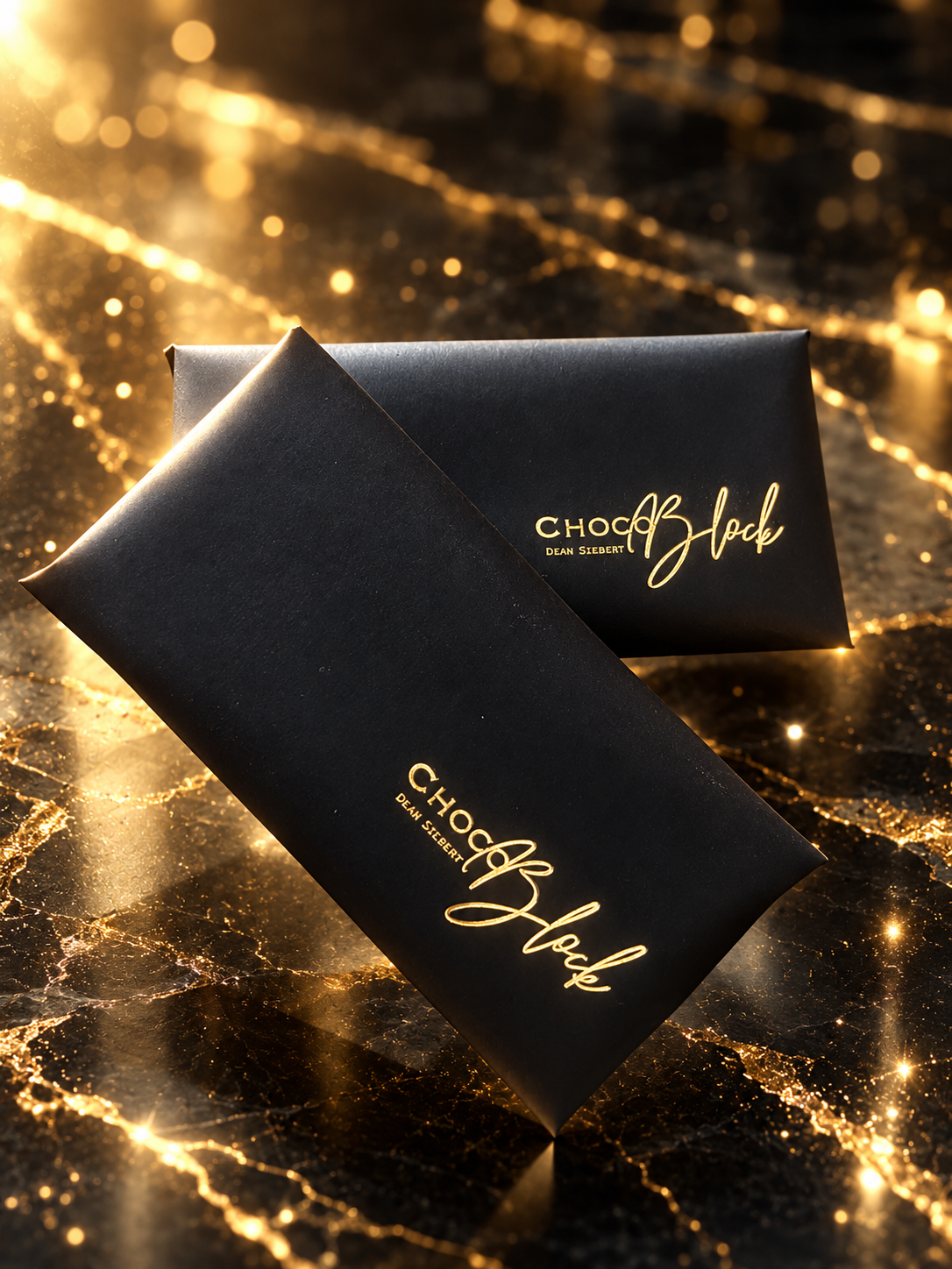 Original black ChocoBlock packaging with its gold ChocoBlock and Dean Siebert branding
